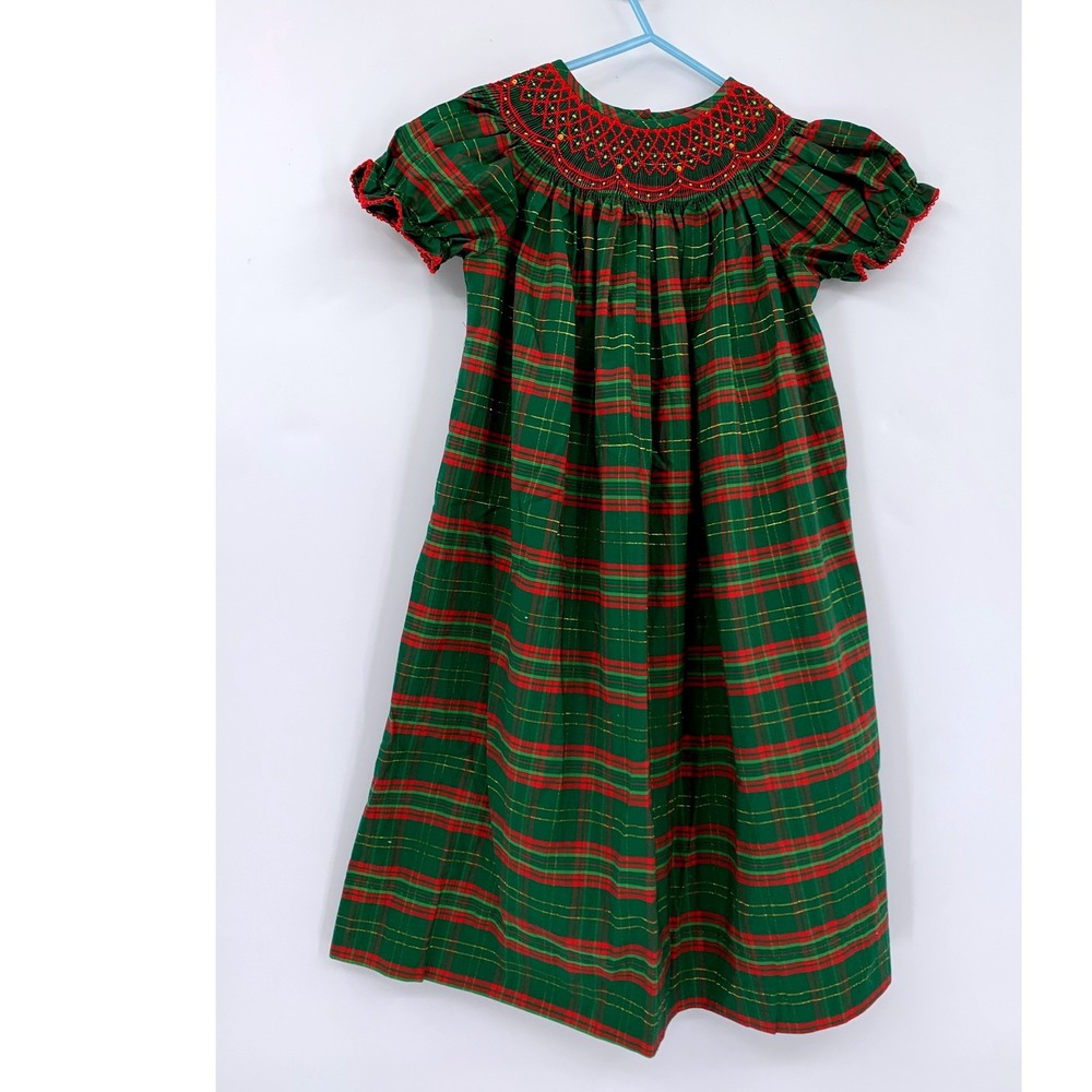 Christmas Smocked Dress Girls 5 Green Red Plaid Holiday Christmas Tartan